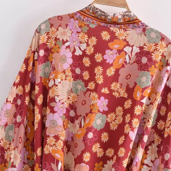 Wine Floral Bohemian Short Floral Kimono Wrap Top - Picture 3 of 12